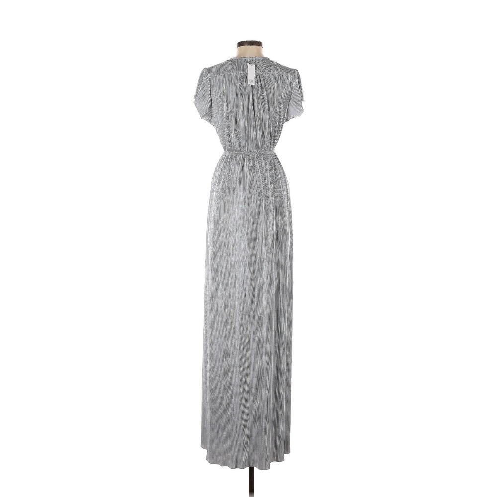 Baltic Born Silver Metallic Plissé Maxi Dress V-Neck Flutter Sleeve XS NWT